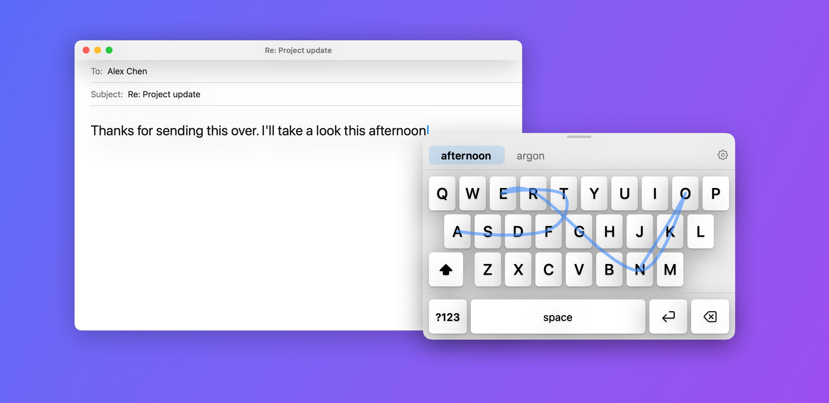Replying to an email by swiping the word afternoon on the SwipeKeyboard panel