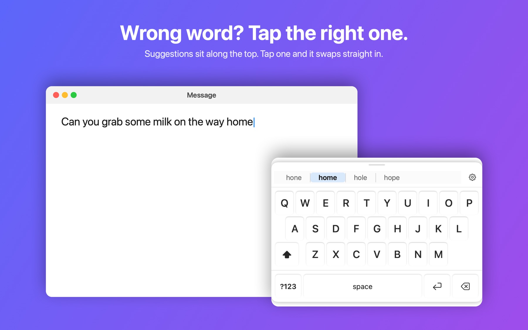 Word suggestions along the top of the SwipeKeyboard panel