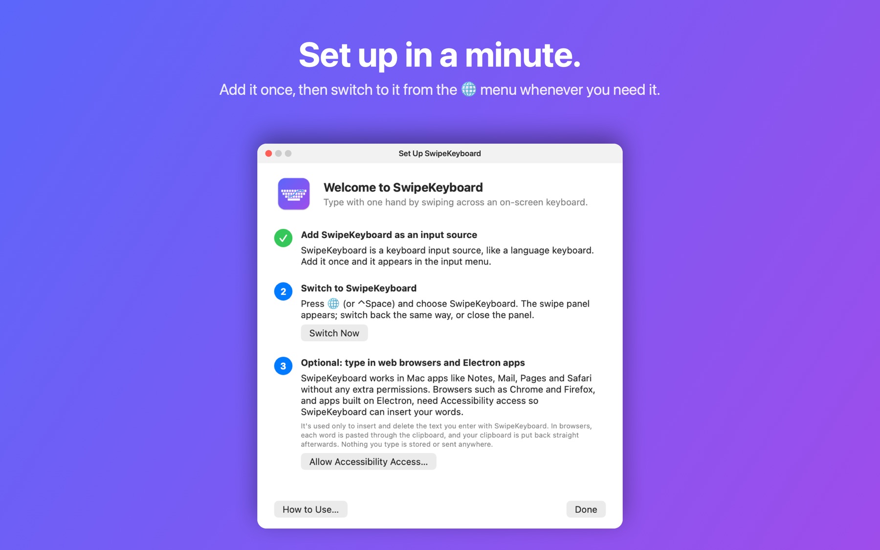 The SwipeKeyboard setup window